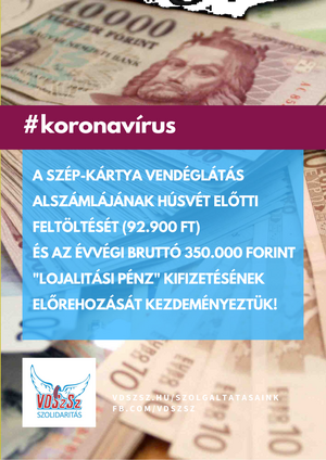 A SZÉP-kártya Vendéglátás alszámlájának húsvét előtti feltöltését és az évvégi bruttó 350.000 forint 