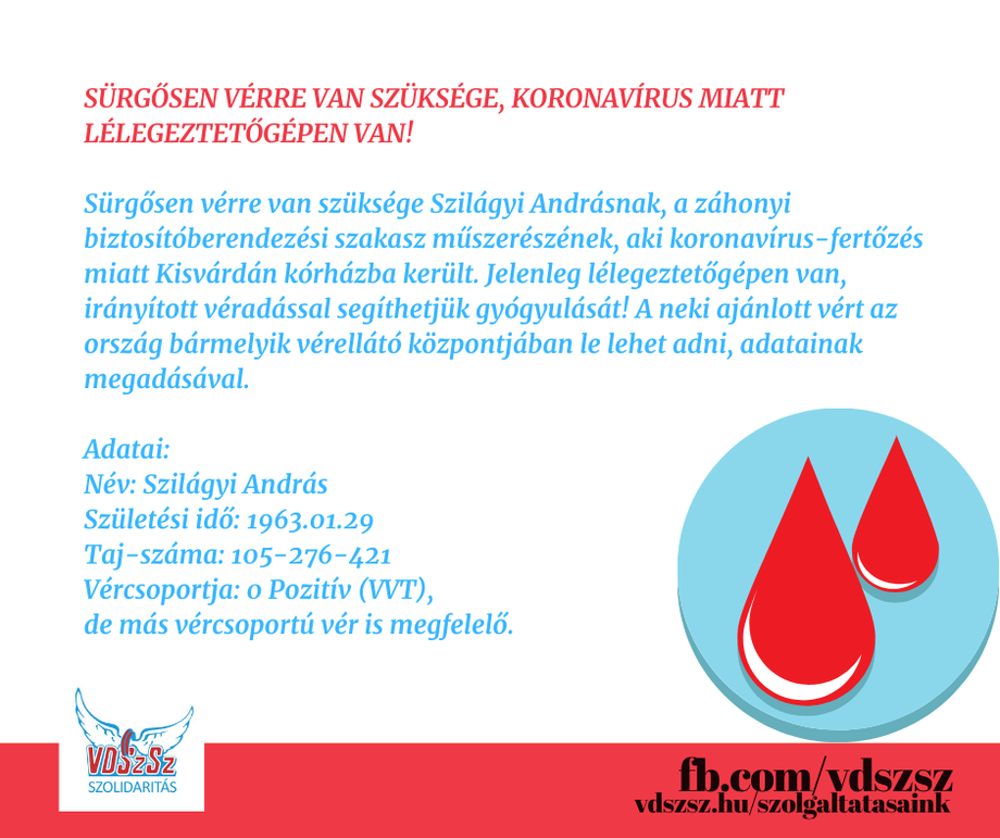 Egyik kollégánknak sürgősen vérre van szüksége, koronavírus miatt lélegeztetőgépen van!